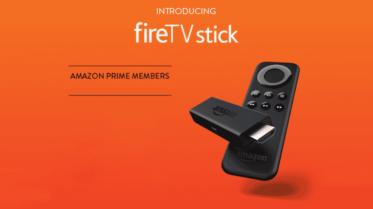 FireTV stick streaming device with remote control and HDMI connector, promoting Amazon Prime membership benefits, on an orange background.