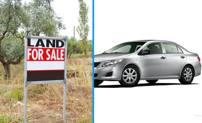 Vacant land for sale adjacent to a modern grey sedan car, perfect for real estate development and vehicle transportation.