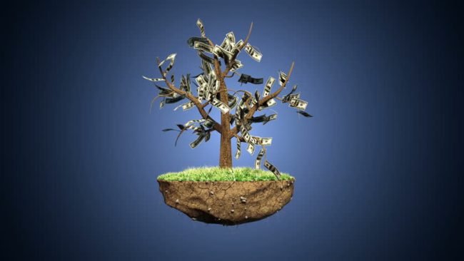 Money tree with dollar bills on its branches floating above a grassy floating island, representing financial growth and wealth creation, digital art visual.