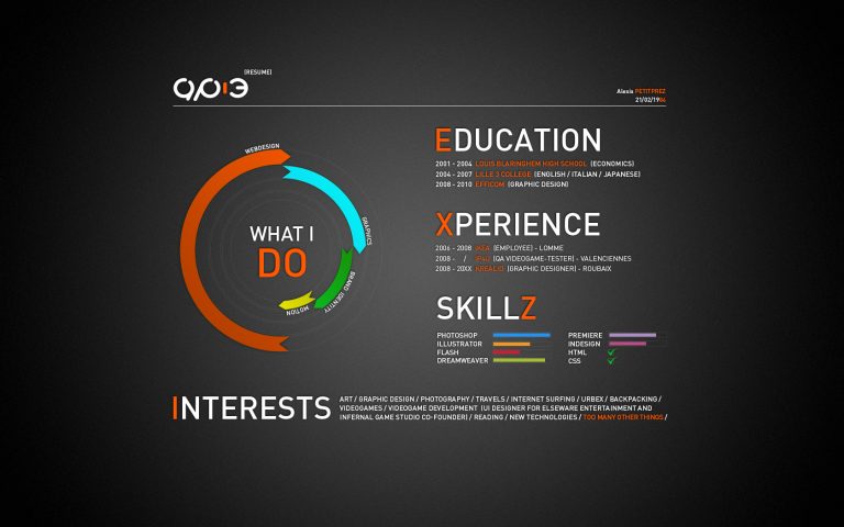 Opterflow resume portfolio digital designer skills infographic highlighting education experience interests.