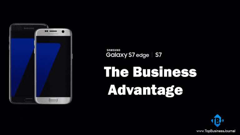Samsung Galaxy S7 edge and S7 smartphones promoting business advantages and technological innovation.