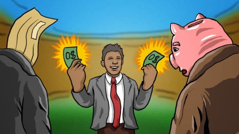 Income generation illustration with businesspeople exchanging money, emphasizing financial growth, investments, and profit opportunities within a professional context.