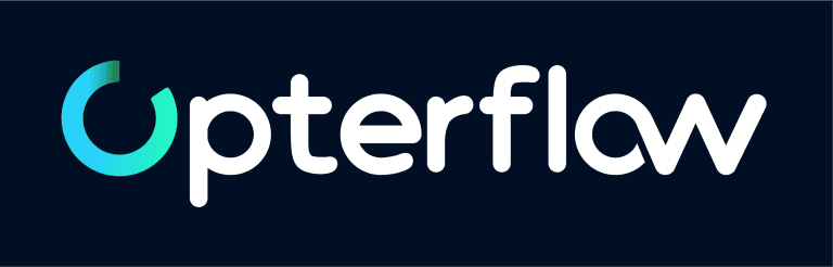 Opterflow logo design with modern gradient blue and teal colors on dark background, representing innovative cloud-based technology and digital transformation for enterprise solutions.