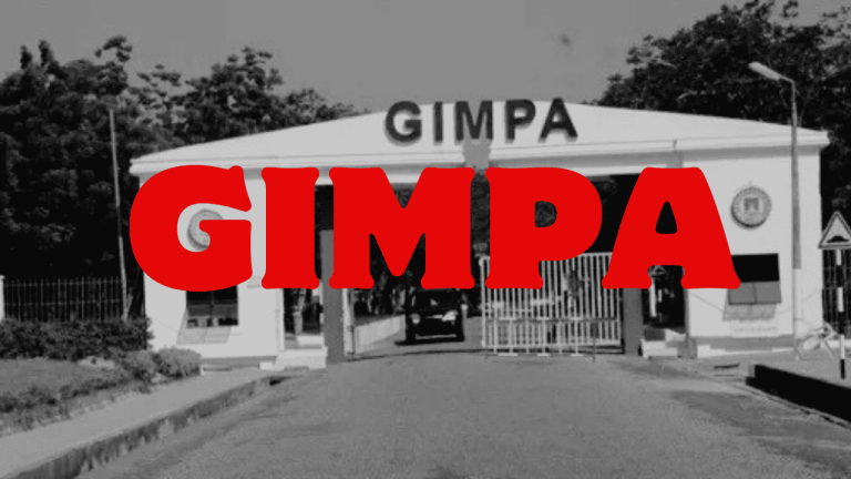 GIMPA entrance gate with bold red text overlay, black and white background, showcasing the Ghana Institute of Management and Public Administration campus.